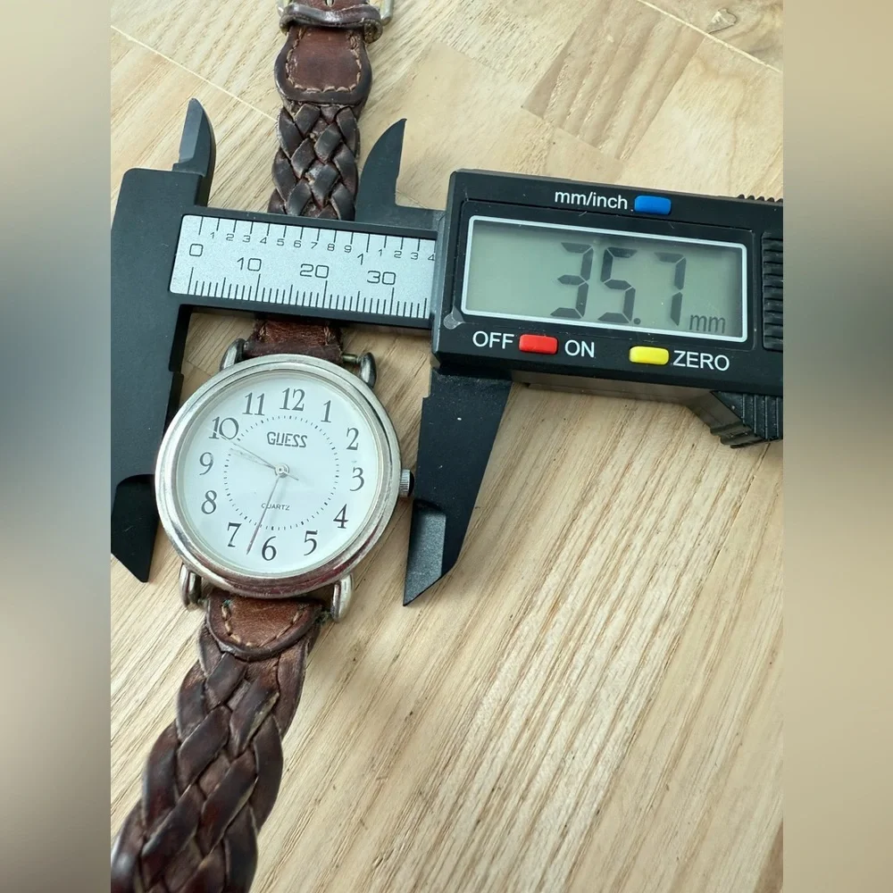 Vintage guess ladies silver tone brown braided leather watch NEW BATTERY